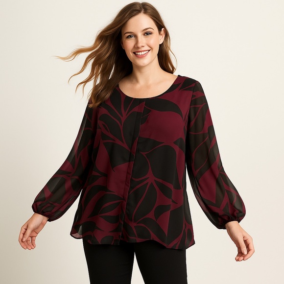Alfani Tops - Alfani Burgundy & Black Floral Overlay Blouse Size M BI3